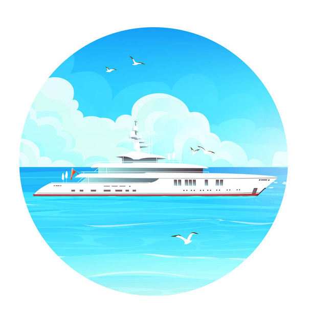 Vektorkép egy fehér óceánjáróról a kék tengeren, repülő sirályokkal körülvéve. Igény szerinti nyomtatáshoz, reklámhoz, magazinhoz és újsághoz, könyvborítóhoz, szórólaphoz - Vektor, kép
