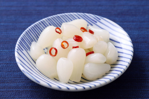 Japanese Rakkyo, Sweet and sour pickled scallions in a dish - Photo, Image