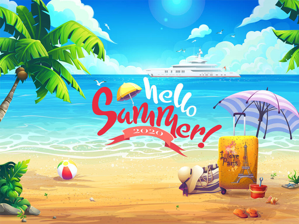 Hello summer vector background illustration beach and palm trees on the background of the sea and cruise liner. For print on demand, commercials, magazines and newspapers, book covers, flyers - Vector, Image