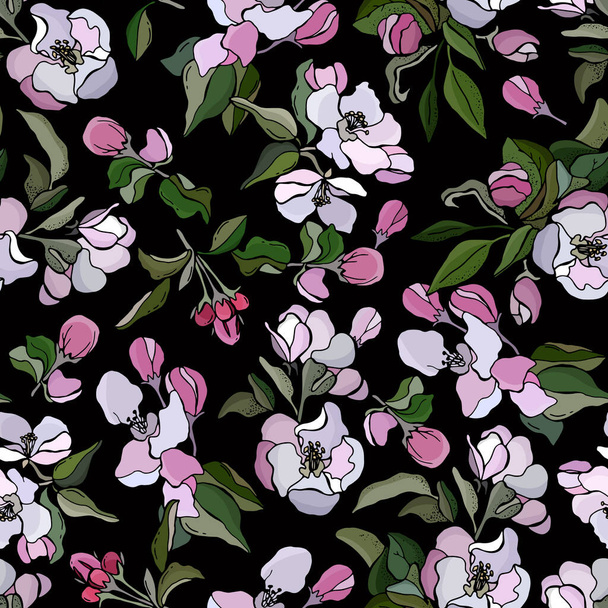 Seamless pattern of flowers of apple tree. White and pink flowers on black background. Cartoon style. Stock illustration. Design for wallpaper, fabric, textile, packaging. - Vektori, kuva