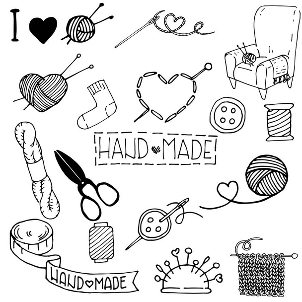 doodle style vector illustration. Set of cute elements hand made. hobby items, manual labor, homework. sewing, embroidery, knitting, crochet - Vector, Image