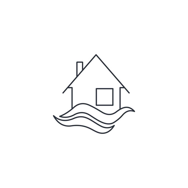 House in the waves. Flood. Vector linear icon isolated on white background. - Vector, Image