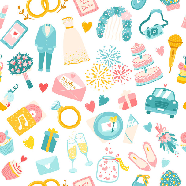 Wedding vector seamless pattern of cartoon hand-drawn icons. Cute simple illustrations of a wedding dress, costume, flowers and the entire organization of the celebration. - Vector, afbeelding