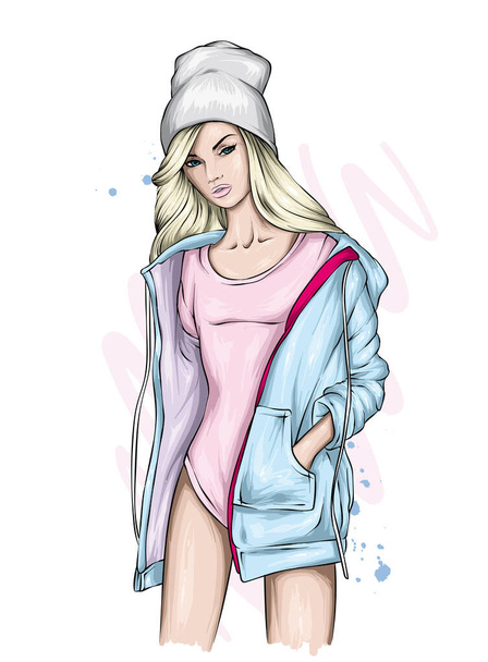 Stylish girl with long hair in a beautiful sports swimsuit, jacket and hat. Beautiful girl. Fashionista. Fashion and style, clothes and accessories. Vector illustration for greeting card or poster. - Vektor, obrázek