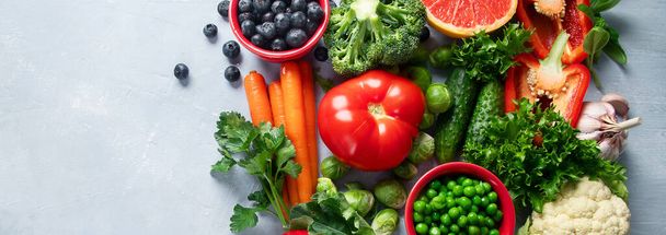 Fresh vegetables. Vegan and vegetarian concept. Foods high in vitamins, minerals and antioxidants. Healthy diet eating for immune boosting.  Panorama, banner with copy space - Fotó, kép