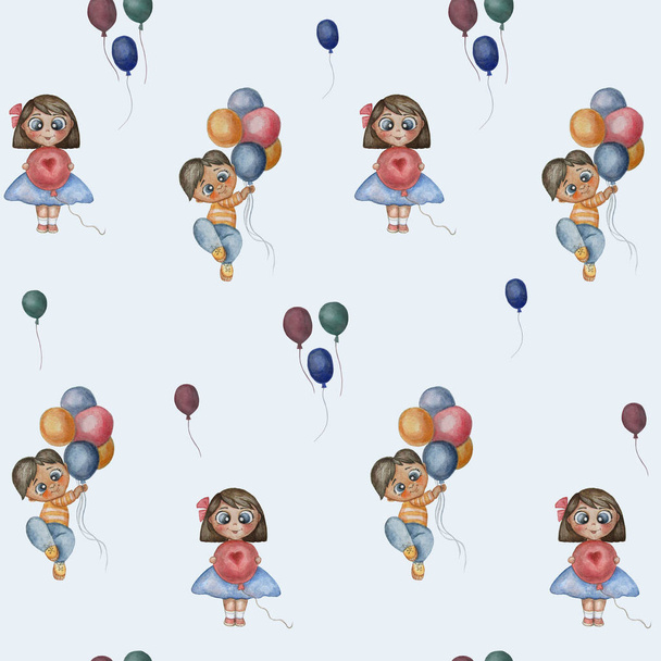 Απρόσκοπτη μοτίβο Χαριτωμένη απεικόνιση ενός όμορφου αγοριού και κοριτσιού με πολύχρωμα μπαλόνια. Υδατογραφία χέρι κλήρωση εικόνα. Μπορεί να χρησιμοποιηθεί για παιδικό σχεδιασμό και διακόσμηση. φωτογραφία - Φωτογραφία, εικόνα