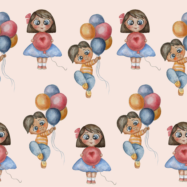 Naadloos patroon. Leuke illustratie van grappige kinderen op een roze achtergrond. Jongen en meisjes met kleurrijke ballonnen en een hart. Aquarel hand tekening illustratie. Kan worden gebruikt voor baby ontwerp. Hoge kwaliteit - Foto, afbeelding
