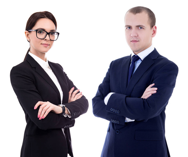 portrait of young handsome business man and business woman isolated on white background - Foto, afbeelding
