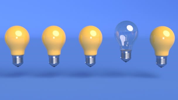 Znakomita żarówka wśród niebieskich żarówek Koncepcja biznesowa Projektowanie wnętrz Kreatywny pomysł Lampa żarowa pulsuje - Materiał filmowy, wideo