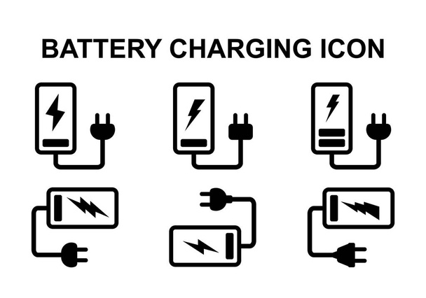 Set of Black and white phone battery charging icon. Mobile charge bwith plug vector illustration, recharge symbol, energy or electric car charge station sign - Вектор, зображення