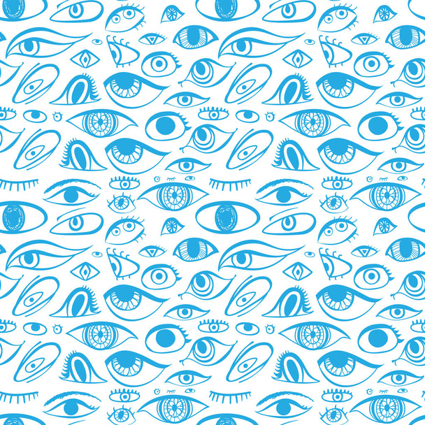 Blue eyes seamless pattern. Optical pictogram texture, eyesight silhouettes background, eye symbols wallpaper, view graphic elements vector illustraton. Hand drawn imitation - Vector, Image