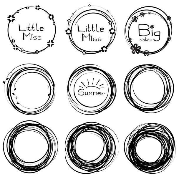 Hand drawn ink line circles with baby vector lettering for print, textile, gift card, t-shirt. Scribble circles, circular doodles, round frames, pencil handwritten art imitation - Vector, Image
