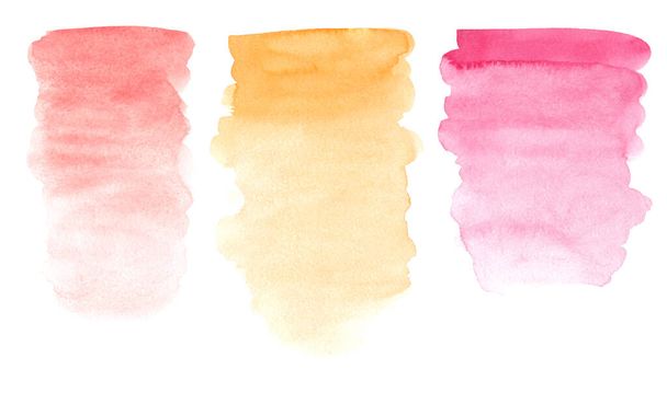 Acuarela decorativa con textura en colores rosa brillante, amarillo y naranja. Raya de textura de pintura de moda y pinceladas. Elementos pintados a mano aislados en blanco
 - Foto, Imagen
