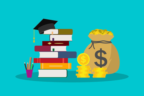 Education with scholarship. Money for tuition in school, college, university. Hat for student in graduation. knowledge of bachelor or academic. Study and finance concept. Invest icon. Vector. - Vector, Image