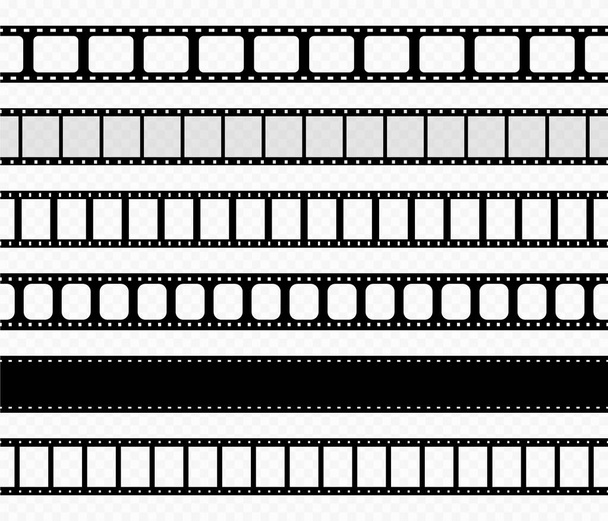 Film strip. Tape of movie for cinema. Photo and video frame. Filmstrip with borders. Seamless negative strip or roll for camera. Picture 35mm. Black retro photography. Old background for media. Vector - Vector, Image