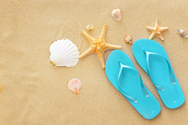 Stylish flip-flops and sea shells on beach sand - Fotó, kép