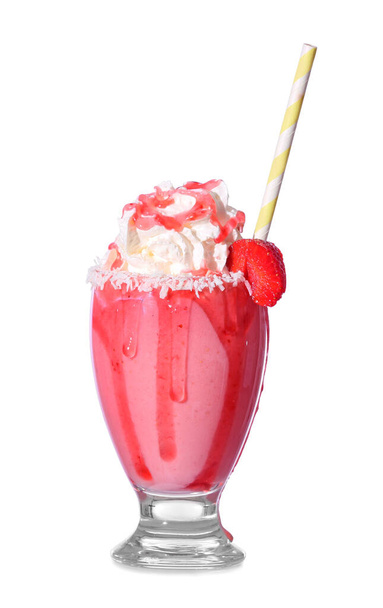 Glass of tasty strawberry milkshake on white background - Foto, Bild