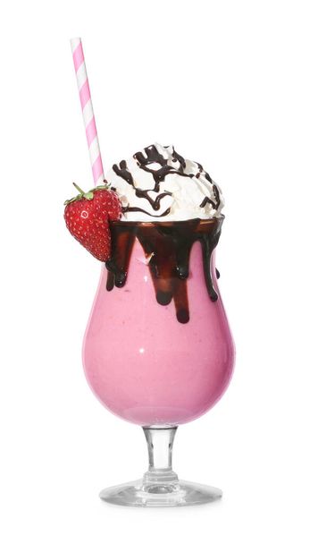 Glass of tasty strawberry milkshake on white background - Photo, Image