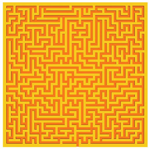 Oranje-gele doolhof textuur achtergrond bovenaanzicht. 3D weergave illustratie van labyrint, digitaal grafisch patroon - Foto, afbeelding