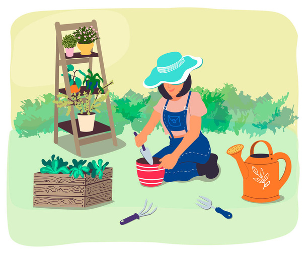 Gärtner pflanzt Pflanzen und Blumen in den Garten. Ein Landarbeiter pflanzt Setzlinge. Das Mädchen liebt Gartenarbeit, kümmert sich um Gartenpflanzen. Der Bauer baut Gemüse an. Vektorillustration - Vektor, Bild