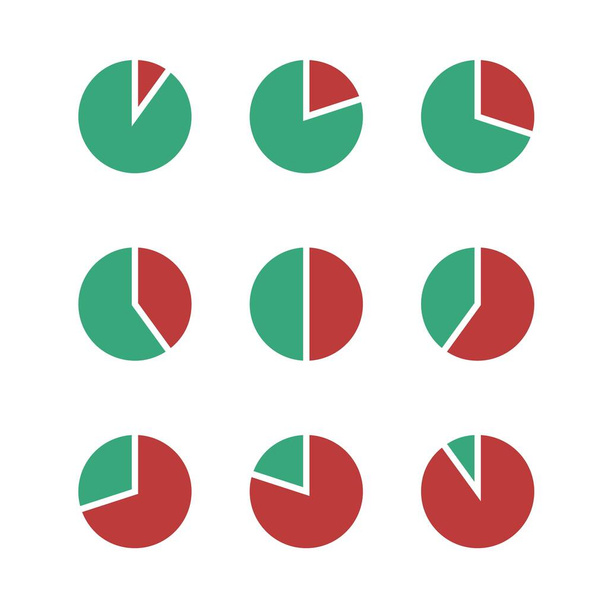 Taartdiagrammen percentage 10, 20, 30, 40, 50, 60, 70, 80, 90. Taartdiagram, cirkelronde kaart. Groen en rood op witte achtergrond. Geïsoleerde vectorinfographics voor presentatie. - Vector, afbeelding