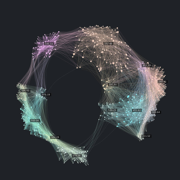 Komplexität von Big Data. Kreative Datenvisualisierung. Fortschrittliche Analytik. Verbindungen über soziale Netzwerke. Globus der miteinander verbundenen Knoten. - Vektor, Bild