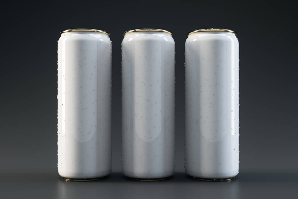 Front view of three white beverage drink cans with water drops on gray background. Food and drink concept. Mock up. 3D Rendering - Foto, immagini