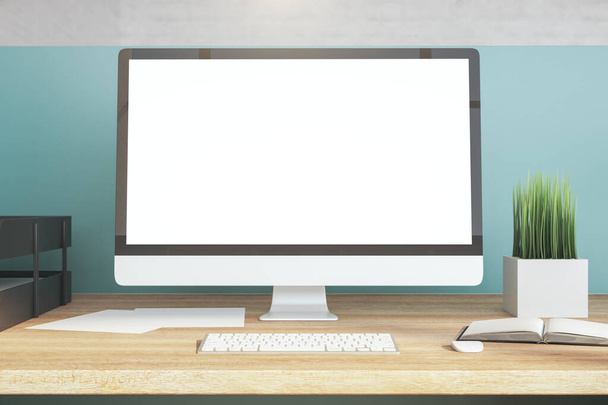 Side view designer desktop with empty white computer screen, keyboard and glasses. Online business and digital education concept. Mock up, 3D Rendering - Foto, afbeelding