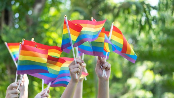 Duma LGBT lub duma gejów z tęczową flagą dla lesbijek, gejów, biseksualistów i transseksualistów - Zdjęcie, obraz