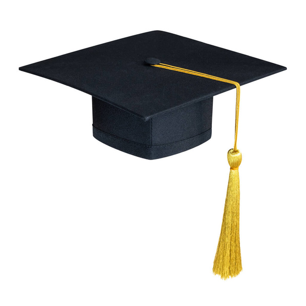 Випускний капелюх, академічна шапка або мінометний щит чорного кольору з золотими талісманами ізольовані на білому тлі (відсічний контур) для макетів освітнього капелюха та шкільного шаблону макетів
 - Фото, зображення