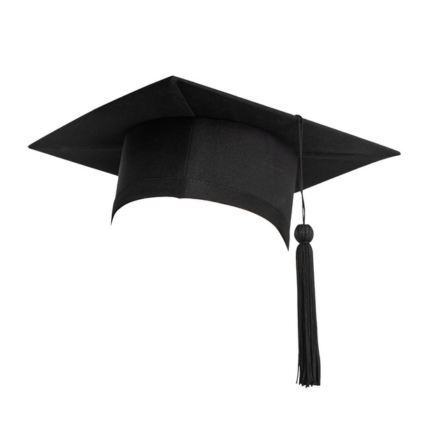 Graduation hat, Academic cap or Mortarboard in black isolated on white background with clipping path for educational hat design mockup and school commencement hat mock-up template - Fotó, kép