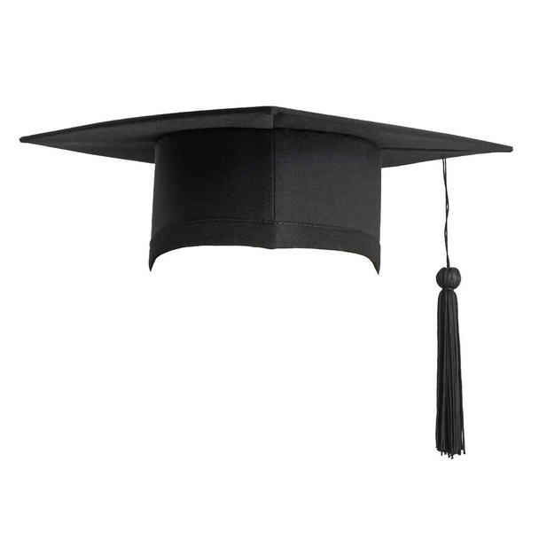 Maturitní klobouk, akademická čepice nebo tabule v černé izolované na bílém pozadí s oříznutou dráhou pro výchovný design klobouku maketa a šablona školního klobouku - Fotografie, Obrázek