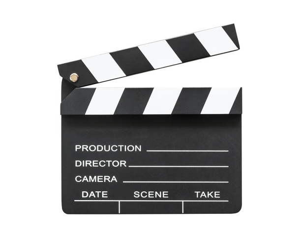 Kalvo liuskekivi aluksella tai elokuva liitutaulu ryhtyä, toiminta, scence tyhjä copyspace eristetty valkoisella pohjalla leikkuupolku elokuvatuotannon ja videokamera johtaja   - Valokuva, kuva