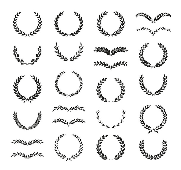 Set of different black and white silhouette round laurel foliate, oak and olive wreaths depicting an award, achievement, heraldry, nobility, emblem. Vector illustration. - Vector, Image