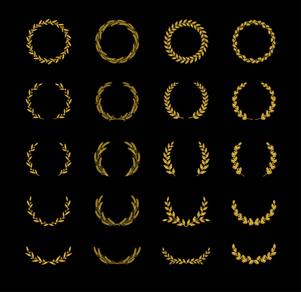 Ensemble de différentes couronnes de laurier circulaire en forme de silhouette dorée, d'olivier, de blé et de chêne représentant un prix, une réalisation, une héraldique, une noblesse, un logo, un emblème. Illustration vectorielle. - Vecteur, image