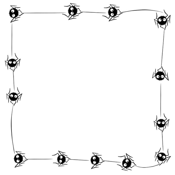 Square Frame of cute little spiders with eyes on web. Halloween vector background. Black and white, isolated, hand drawn illustration. - Vector, Image