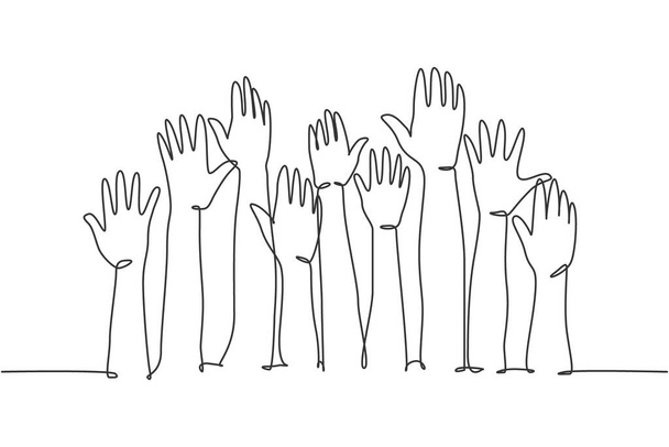 Un seul dessin de ligne de groupe de personnes s'ouvre et lève les mains en l'air. Concept de travail d'équipe d'affaires. Illustration vectorielle graphique de dessin en ligne continue moderne - Vecteur, image