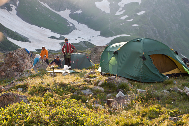 groene camping tent op zonnige grasland. - Foto, afbeelding