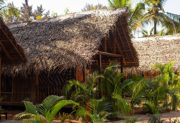 A beautiful eco-cottages made from bamboo and coconut leaves captured in Goa, India - Fotoğraf, Görsel