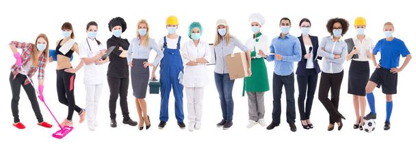 coronavirus, pandémie, soins de santé et concept de chômage - ensemble de différentes personnes sous masque de protection isolé sur fond blanc - Photo, image