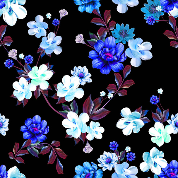 Pattern with spring flowers Pattern with spring flowers with branch, on black background with flower silhouette - Foto, Imagen