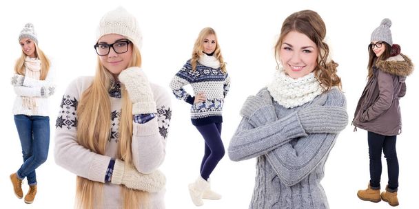 vijf jonge vrouwen in de winter kleren geïsoleerd op witte achtergrond - Foto, afbeelding