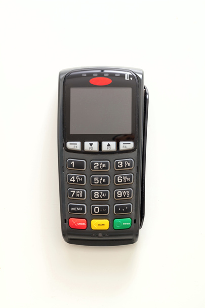 Terminal POS isolado em fundo branco, vista superior.Terminal caixa registradora máquina para pagamento sem contato com cartão de crédito. Equipamento bancário, NFC
. - Foto, Imagem