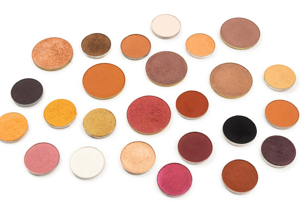 Round multicolored make up eyeshadows isolated on white. Top view.  - Photo, Image