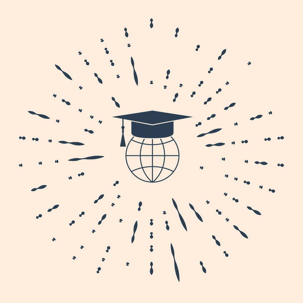 Black Graduation čepice na ikonu globus izolované na béžovém pozadí. Symbol světového vzdělávání. Online učení nebo e-learning koncept. Abstraktní kruh náhodných teček. Vektorová ilustrace. - Vektor, obrázek
