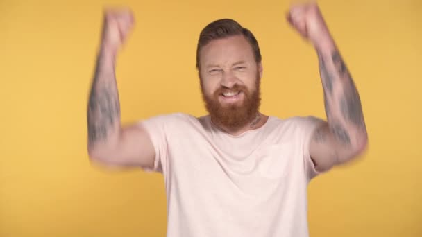 Joyful man showing winner emotion. Yellow background. - Video, Çekim