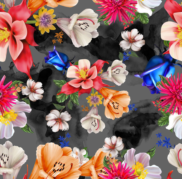 花のイラスト-明るいピンク鮮やかな花、緑の葉と花束、結婚式の静止、挨拶、壁紙、ファッション、背景、テクスチャ、 DIY 、ラッパー、カード. - 写真・画像