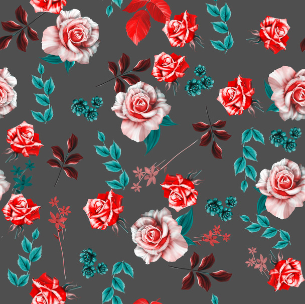Naadloos patroon met roze bloemen en bladeren op witte achtergrond, aquarel bloemenpatroon, bloemenroos in pastelkleur, tegel voor behang, kaart of stof - Foto, afbeelding
