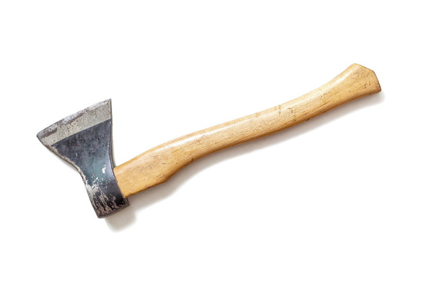 Steel axe with wooden handle on white background. Carpentry and woodworking tools - Photo, Image