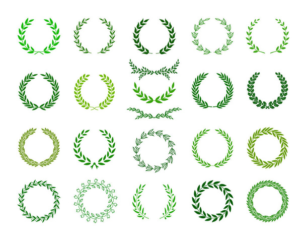 Set of green silhouette laurel foliate, oak and olive wreaths depicting an award, achievement, heraldry, nobility, decoration, emblem. Vector illustration. - Vector, afbeelding
